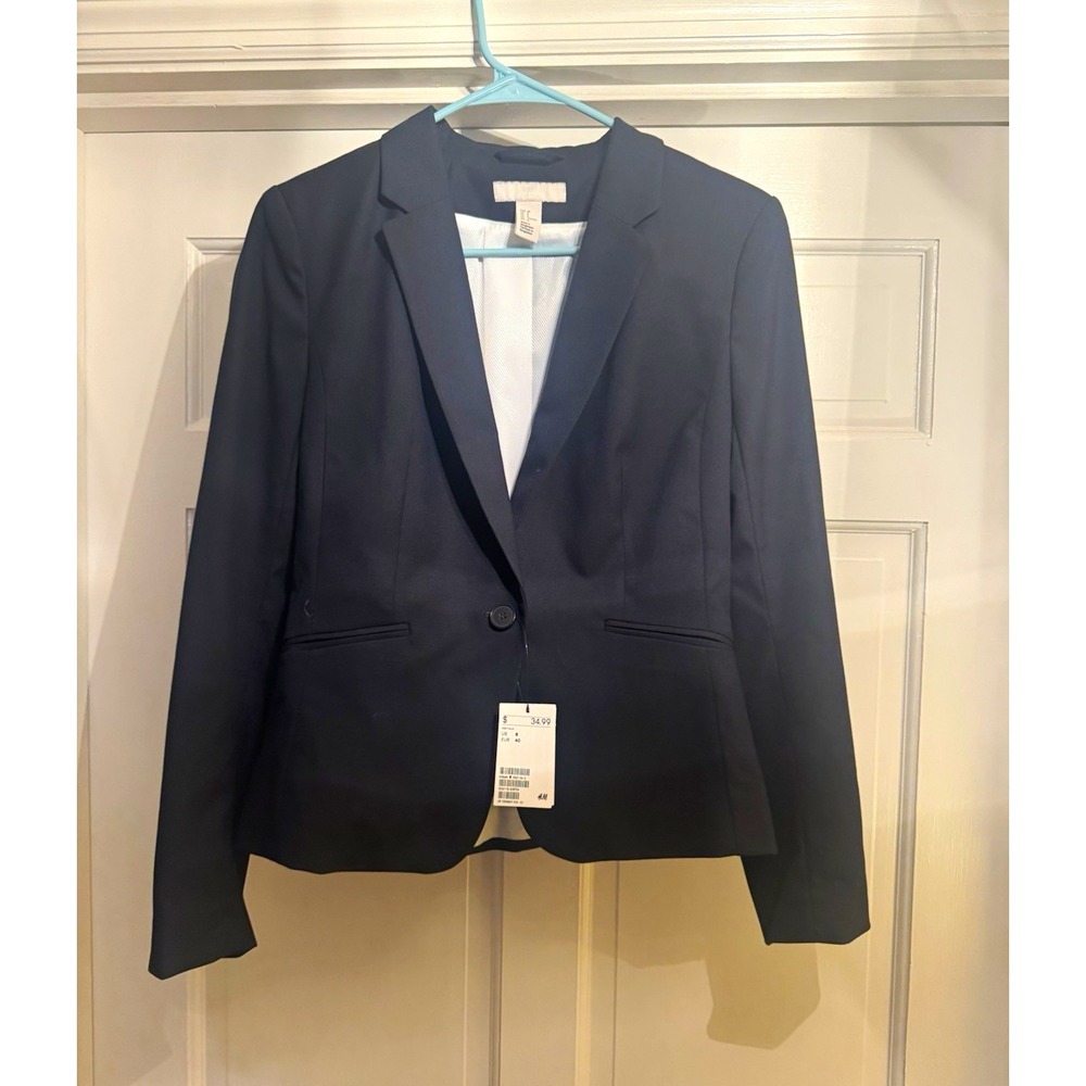 H&M Women's Black Single Button Lined Blazer Suit Jacket Size 8